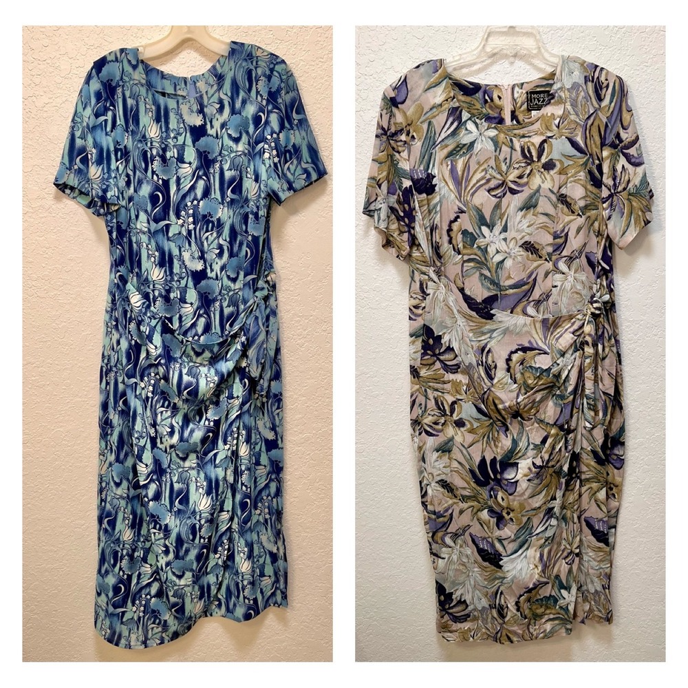 VTG More Jazz 90s Set of 2 Floral Rayon Faux Wrap Midi Dresses Size 14 Resort